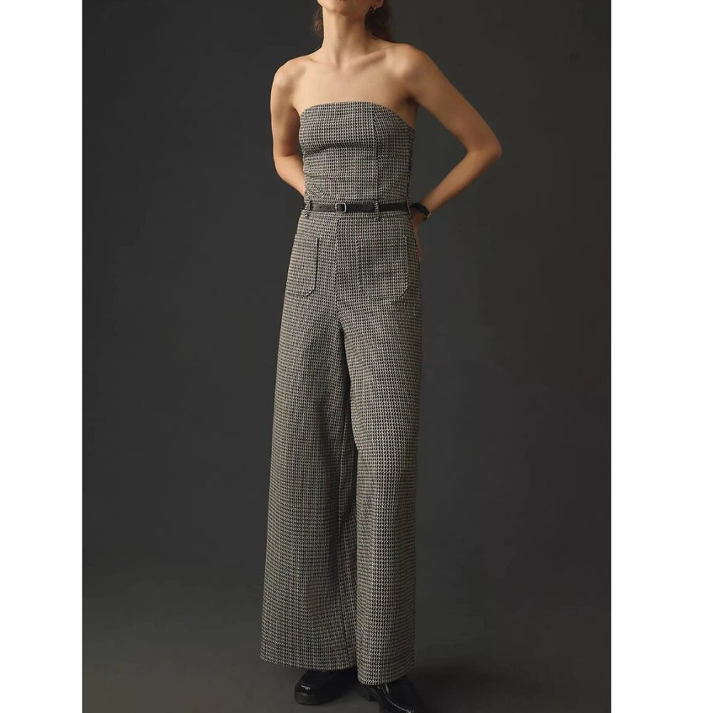 Anthropologie Maeve Houndstooth Knit Jumpsuit Black & White Pattern 12